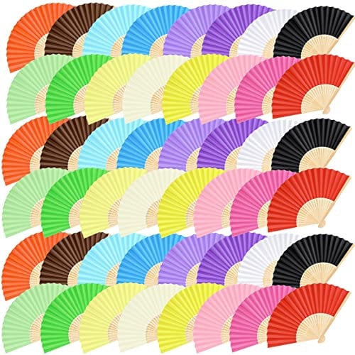 FEPITO 48 Pieces Handheld Paper Fan Paper Folding Fans with Bamboos for Wedding Gift, Party, Home, Multicolor