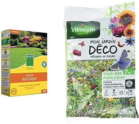 BHS GRU1 | 1kg | 40m² | Gazon Rustique plus résistant et mieux protégé | Tous Types de Terrain et Climats & Vilmorin 5867607 Pack de Graines Mélange de Fleurs Coin des Papillons 7 m²