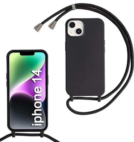 SLWYF Compatible with iPhone 14 Crossbody Lanyard Case, Liquid Silicone Protective Phone Case with Strap Adjustable Neck Cord Necklace Soft Cover for iPhone 14, Black