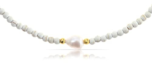 Made by Nami Designer Perlen-Choker • Damen Halskette mit Süßwasserperlen • Filigranes Perlenhalsband • Perlen-Kette Wasserfest • Handmade Strand & Surfer Schmuck (White Single Pearl)
