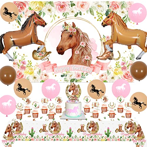 Fangleland Décorations d'Anniversaire pour les Filles, Toile de Fond sur le Thème du Cheval, Nappe Rectangulaire en Forme, Ballons de Course de Chevaux pour les Fournitures de Fête Western Cowgirl