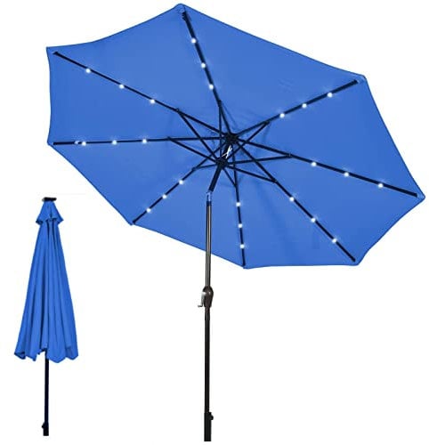TANGZON 2.7M/3M Garden Parasol Umbrella, Tilting Patio Umbrella with 18/24 Solar Powered LED Lights & Crank Handle, Outdoor 6/8-Rib Market Parasol Sunshade for Beach Poolside Balcony (Blue, 3M)