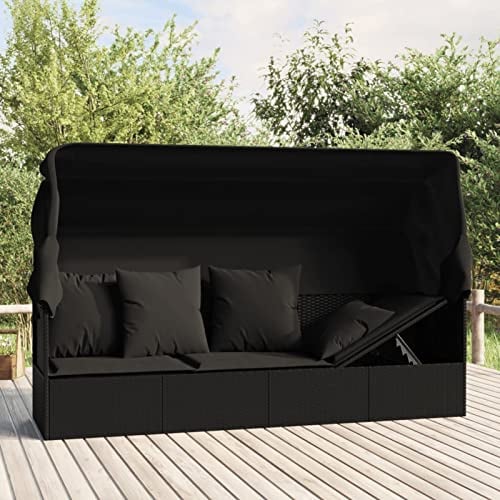 BULANED Outdoor-Loungebett mit Dach und Kissen, Lounge Sofa Outdoor, Sonneninsel Outdoor, Outdoor Liege, Daybed Outdoor, Outdoor Bett, Garten Lounge, Schwarz Poly Rattan