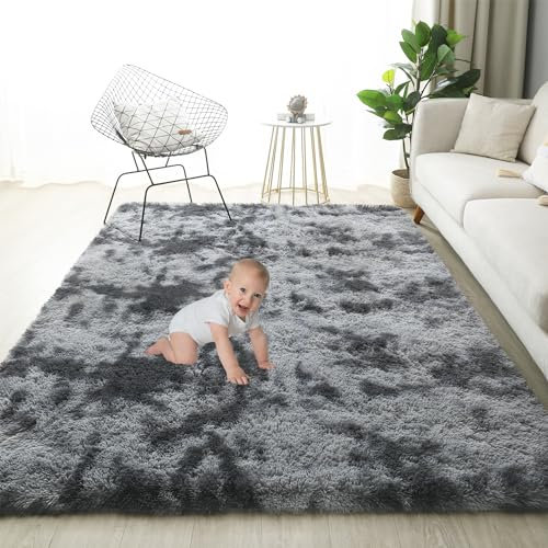 Gsogcax 1.5 cm thick Rugs for Living Room 120x160cm Super Soft Fluffy Area Rugs for Bedroom Shaggy Large Rugs Modern Floor Carpet, with Anti-slip Sticker - Deep Grey (tie-dye)