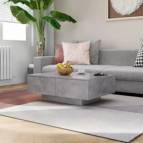 Homgoday Table Basse Gris béton 90x60x31 cm Aggloméré Table de Canapé de Salon avec 2 Tiroirs de Rangement, Table D'appoint pour Canapé