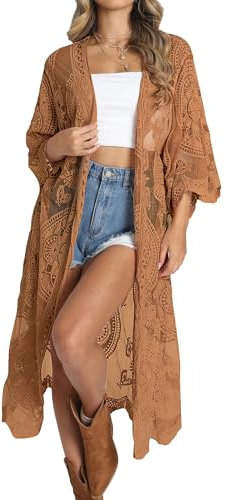 Bsubseach Women Mesh Cardigan Lace Beach Kimono Open Front Swimsuit Cover Ups Bikini Swimwear Brown