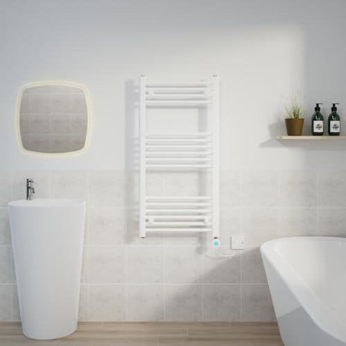 Warmehaus 600W Electric Thermostatic Heated Towel Rail Bathroom Radiators Straight with LCD Display Timer White 1000x500mm