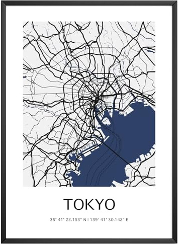 MJ-Graphics - Stadtkarte-Poster Tokyo - Bild mit schöner Karte & Koordinaten | Wandbild Din A4 in Galerie Qualität mit extra dickem 300g Posterpapier - FineArt Kunstdruck ohne Bilderrahmen