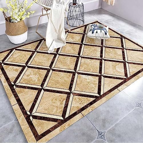 Gelbbraun Karierter Marmor Kinderteppich Wohnzimmerteppich Schlafzimmerteppich 3D-Gedruckter Superweicher Flanellteppich -Polyester-Soft-Touch,Leicht Zu Reinigen (60 X 90 cm) Mit Gummirücks -3P3M+S7A