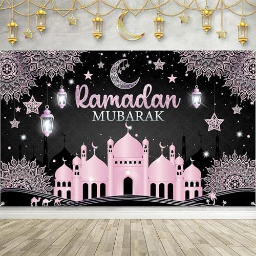 Ramadan Dekoration Roségold, Ramadan Mubarak Hintergrund Banner, XXL Ramadan Kareem Banner für Muslim islamische Party Ramadan Deko(180 * 110cm)