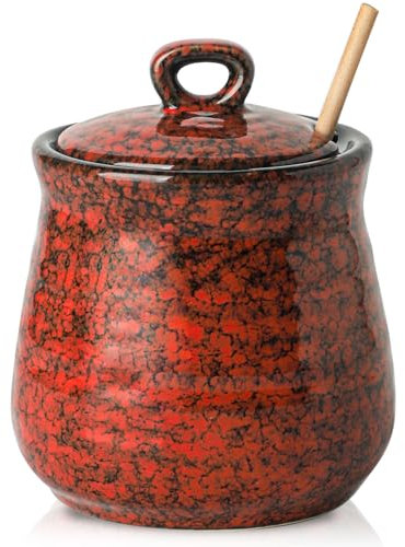 Hasense Ceramic Honey Pot with Lid, 12 Ounce Honey Jar with Lid and Wooden Dipper, Porcelain Honey Dipper Stick and Jar Set, Cute Honey Dish for Christmas Wedding Gift, Dishwasher Safe, Red