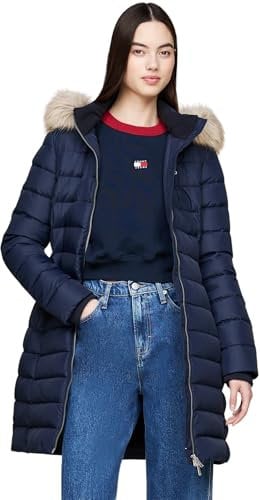 Tommy Jeans Damen Daunenmantel Essential Hooded Down Coat mit Kunstpelz, Blau (Dark Night Navy), L