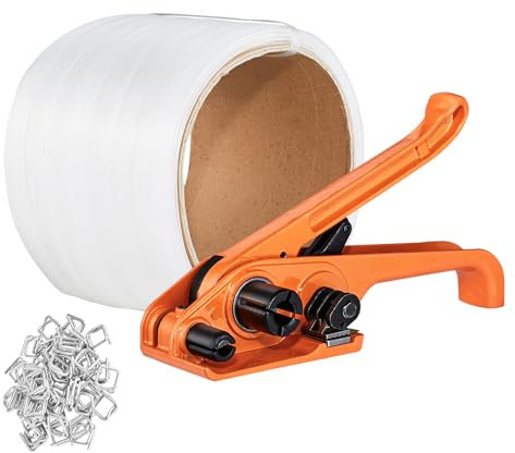 VEVOR Kit di reggiatura con strumento tenditore, fascia di corda intrecciata lunga 328 piedi, 100 sigilli metallici, kit di reggiatura per imballaggio per pallet, reggiatura per imballaggio