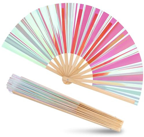 JOHOUSE Rave Folding Fan Pink, Holographic Rave Fan Large Foldable Fan for Drag Queen EDM Music Festival Women