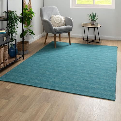 Steffensmeier Handweb Teppich Kelim Delhi | 100% Schurwolle in der Nutzschicht, Türkis, handgewebt, Größe: 120x180 cm Wohnzimmer und Schlafzimmer