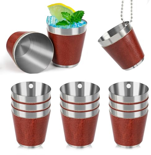 BEIMEIII 12 Stück Shot Becher Metall Zum Umhängen Schnapsgläser Edelstahl mit Kette Schnapsglas 30ml Shot Becher Braun für Hochzeitsfeiern Junggesellenabschiede Karneval Weinprobe Party