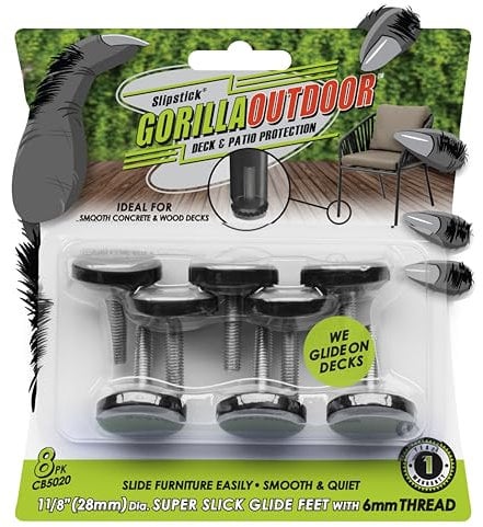 Slipstick Gorilla Outdoor Adjustable Furniture Levelers (8 Pack) Weatherproof Screw in Leg Glides for Chairs, Tables, and Outdoor Furniture Feet, 1-1/8 Inch Slider Glide, M6 Thread