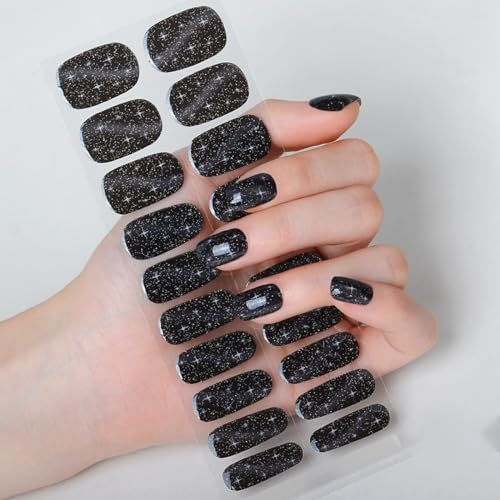 Boloshine Semi Cured Gel Nails Strips, 20Pcs Extra Long Glitter UV Gel Nail Stickers, Long Lasting Self-Adhesive Gel Nail Wraps Manicure Stickers Set for Women Girls Nail Art Decor (Starry River)