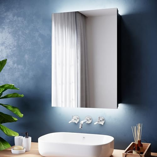 ZANOFIRA Black Wall Mounted Bathroom Cabinet with Led Lights and Shaver Socket Mirrored Bathroom Wall Cabinets with Button Switch, Easy to Install 500mm x 700mm
