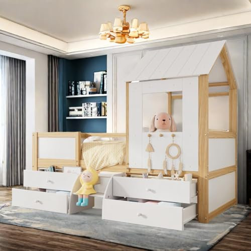 Lit cabane Enfants 90x200 avec Toit et fenêtre, Lit superposé Enfant avec 4 tiroirs et Petit escalier, lit Double lit Simple, Protection Anti Chute, pin + MDF + contreplaqué, Blanc + Naturel