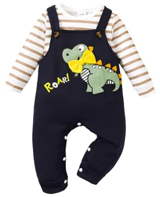 UUAISSO Vestiti per Neonato Maglie a Maniche Lunghe a Righe con Stampa di Dinosauri Tuta Regolabile con Bretelle Pantaloni Set di Abiti Marrone 0-3 mesi