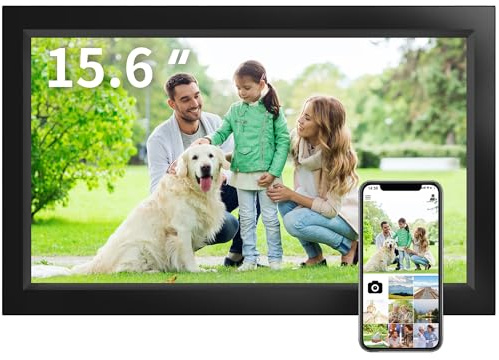 Veidoo 15,6 tums stor digital WLAN-fotoram med 1920 x 1080 IPS-pekskärm, inbyggt 32 GB minne, automatisk rotation och väggmontering, dela foton och videor