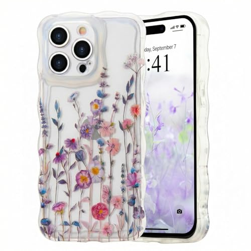 Micoden for iPhone 15 Pro Case Clear with Flower Floral Anti-Yellowing | Cute Curly Wave Frame,Soft TPU Slim Bumper,Shockproof Anti-Scratch Protective Wavy Cover for Girls Women-Colorful
