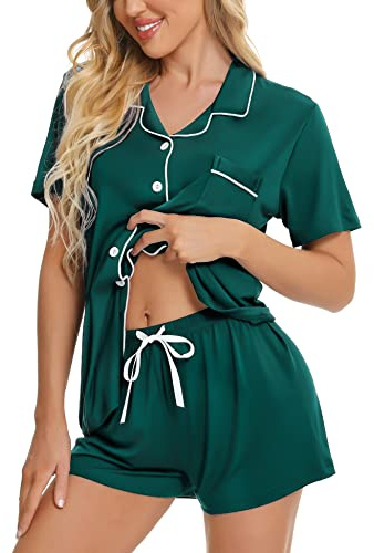 SWOMOG Women Pyjamas Set Short Sleeve Sleepwear Womens Button Down Nightwear PJ Set with Pockets Green