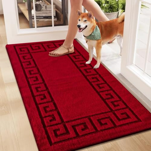 Rugs Inn Gel Back Door Mat – Heavy Duty Non Slip Backing Geometric Pattern Dirt Trapper Washable Floor Mats for Kitchen Bedroom Living Room Hallway (Red, 50 x 80 cm)