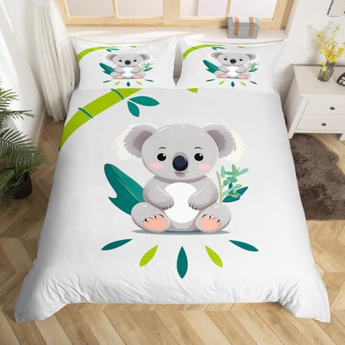 Homemissing Koala Bettbezug für Kinder, niedlich, Koala, Bettwäsche für Jungen, Jugendliche, Bambus, Bettwäsche-Set, weiß, grau, Tiere, Schlafzimmer, Dekoration, Bettbezug, 140 x 200 cm