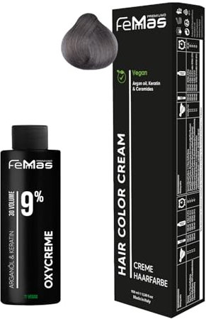 Femmas Set de tinte de pelo rubio claro ceniza intensivo 9.11 I Hair Color Cream 100 ml + crema de óxido 100 ml 9% I coloración permanente del cabello + desarrollador I Suave y duradero I Tinte de