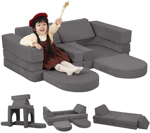 MeMoreCool Fancy Spielsofa für Kinder Cord– 10-teilige modulare Kindercouch Kindersofa Cord für das Spielzimmer, umwandelbare Kleinkindersitzgruppe, Schaumstoff Bausteine für Kinderzimmer, Anthrazit