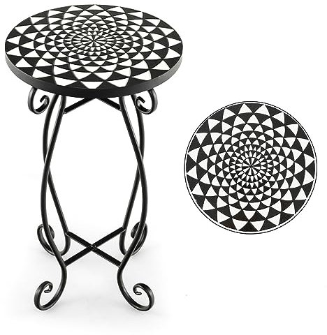 THECYHC Mosaik Beistelltisch, Gartentisch Rund, Mosaiktisch ∅30 x 50 cm, Bistrotisch aus Metall Keramik, Blumenhocker Klein, Balkontisch für Balkon Terrasse Garten (Schwarz+Grau)