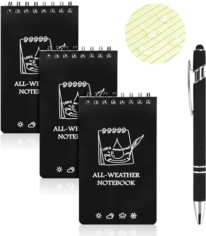 OT-NVWOZR Wasserdichte Notizblock mit Stifte, 3 x 5 Zoll Taktisches Notizbuch Allwetter-Notizblöcke mit Top-Spiral, Tasche Pocket Steno Blöcken mit Raster für Aktivitäten im Freien (3, schwarz)