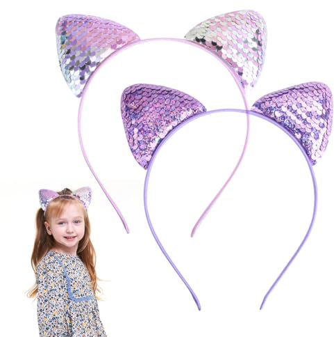 OUDQFCJ Lot de 2 serre-têtes avec oreilles de chat à paillettes,En métal,Pour fille,Pour fête d'anniversaire, cosplay