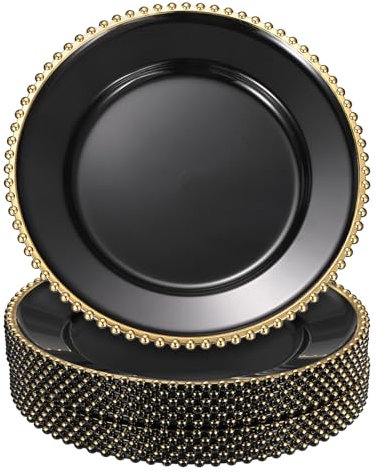 sourcing map 12pcs Clear Charger Plates Bulk, 13 Plastic Round Charger Plates with Bead Trim Dinner Dessert Plate for Wedding Party Event Table Setting Decoration, Light Gold On Black