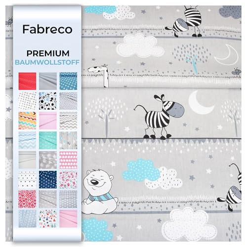Fabreco - Baumwollstoff Meterware - 220g/lfm | Stoff Meterware mit Muster: Bären, Teddybär mit Zebra türkis | Weich, langlebig & hautfreundlich