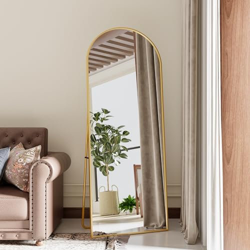 Miroir Arqué 165x60 cm, Minimaliste sur Pied, Grand Miroir de Sol Pleine Longueur, Bombé et Suspendu, Elliptique, pour Chambre Salon Entrée, Doré