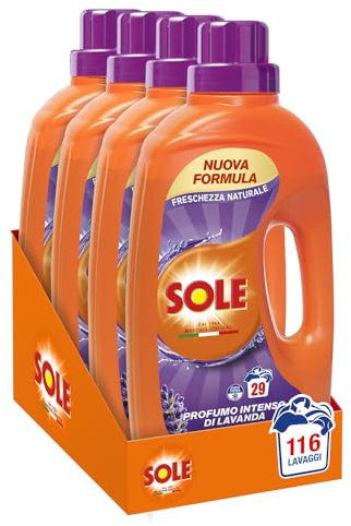 Sole Detersivo Lavatrice Lavanda Freschezza Naturale 116 Lavaggi, (4x29), Formula igienizzante, Detersivo Lavatrice Liquido Lavanda, rimuove le macchie a basse temperature
