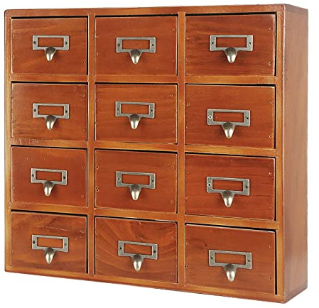 Vintage-Kartenkatalogschrank mit 12 Schubladen, Schreibtisch-Organizer mit Metallgriffen, Apotheker-Kommode für Heimbüro, Holz-Schubladenbox für Zubehör und Zubehör