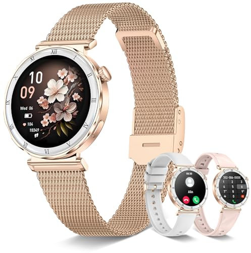 HXQHSTBG Reloj Inteligente para Mujeres 1,19 AMOLED Smartwatch con Llamadas, Función Femenina, Monitorear Sueño/SpO2/Frecuencia Cardíaca, 120+ Modos Deportivos,Podómetro, IP67 Android iOS, Oro Rosa