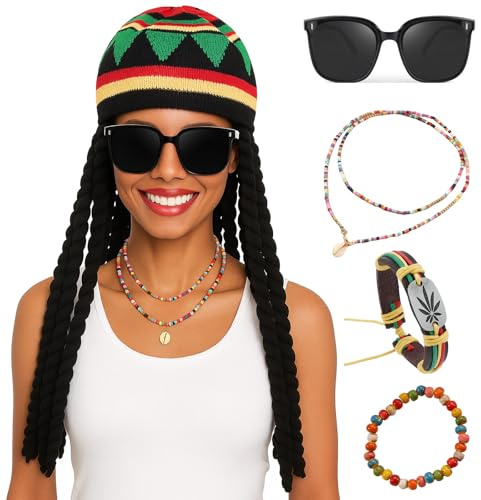 AYNKH 5-teiliges Reggae-Kostüm-Set, Jamaikaner, Karibik, schwarze Sonnenbrille, geflochtene Perücke, Hut, Armband, Halskette, Damen, Herren, Party, Maskerade, Cosplay, Halloween, Karneval