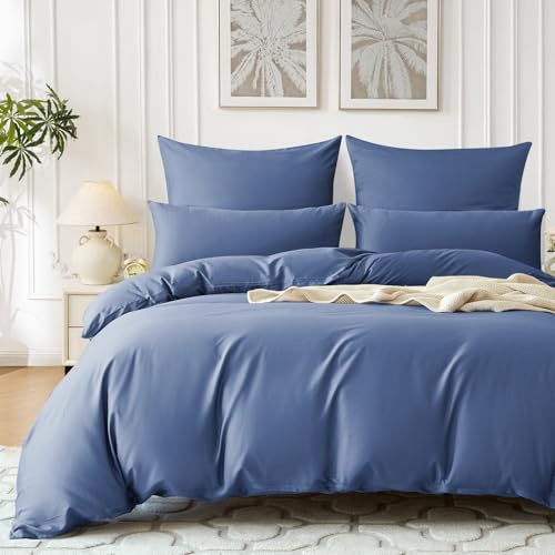 SOULFUL Satin Bettwäsche 135x200 Baumwolle Kühlend, Oeko-Tex, Dunkelblau | 100% Langstapelige Baumwolle Seidig Kühlend Bettwäsche-Set mit Reißverschluss, 1 Bettbezug 135x200 & 1 Kissenbezug 80x80