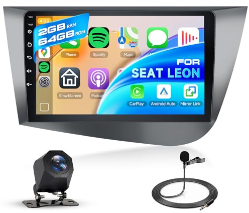 Hodozzy 2GB 64GB Android Autoradio für Seat Leon 2005-2012 Wireless Carplay Android Auto, Radio 2 Din Bildschirmo 9 Zoll Touchscreen Autoradio mit Navi GPS DSP Bluetooth WiFi FM/RDS Rückfahrkamera