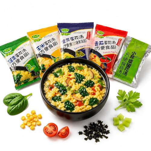 8 G*50 Packung Instant-Suppenmischung Mit Gemischtem Geschmack | 5 Vegetarische Eiertropfensuppen | Schnelles Brühen In 30 Sek. | Tragbar For Camping-Büro-Frühstück