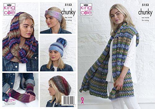 King Cole 5153 Knitting Pattern Wrap Hats Snood Head Band and Hand Warmers in Riot Chunky