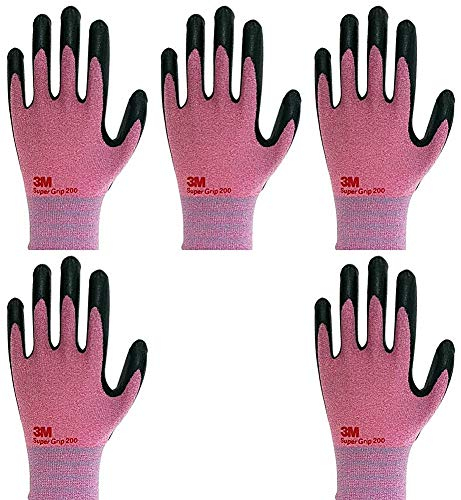 Lot de 5 paires de gants de travail légers en nitrile Supegrip200 – Coupe extensible 3D confortable, revêtement en mousse – Smart Touch – Lavables en machine (taille S, rose)