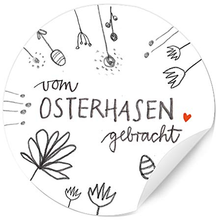 Ostersticker vom Osterhase gebracht - 24 selbstklebende Aufkleber mit Blumen im DIY Bleistift Design, Weiß Grau Rot, zum Ostergrüße Verzieren