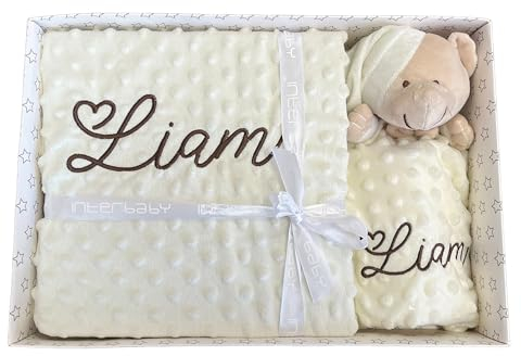 Danielstore Set de Manta + Dou Dou Personalizado con Nombre Bordado Sets de Regalo para Recién Nacido Baby Shower Canastilla Bebé Manta de Burbujas y Dou Dou Bordadas