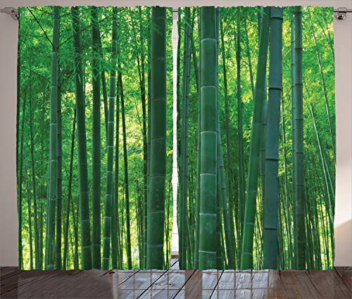 ABAKUHAUS asiatisch Rustikaler Vorhang, Grüner Wilde Exotische Bambus, Wohnzimmer Universalband Gardinen mit Schlaufen und Haken, 280 x 245 cm, Jägergrün